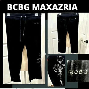 BCBG MAXAZRIA VELOUR CROPPED TRACK PANTS WITH WAIST TIE AND SILVER FOIL DETAIL